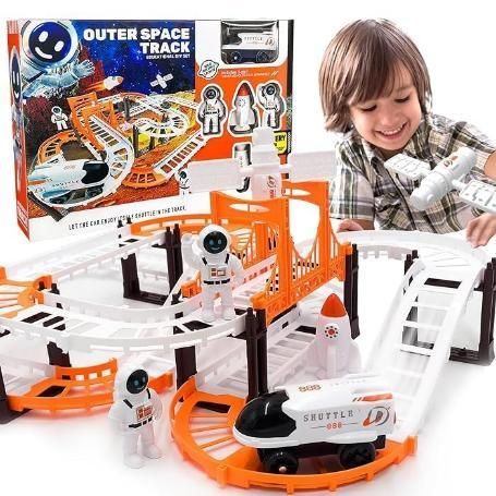 Outer Space Track Race Set, Educational DIY Space Shuttle with Astronauts, White and Orange Color,Battery Operated Vehicle, Track Building Toy for Kids 3+ (Small)