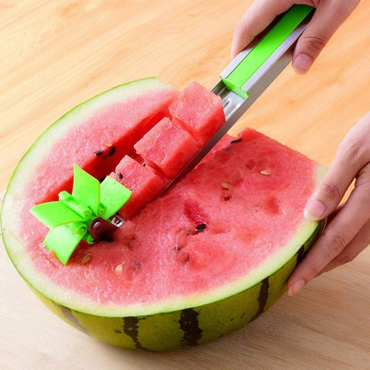 1PC Watermelon Slicer Stainless Steel Windmill Cutter | Fruit Carving Knife Tool for Quick Cube Cutting | Mess-Free, Kid-Safe Melon Slicer for Kitchen, Picnic & Summer Snacking (Green)