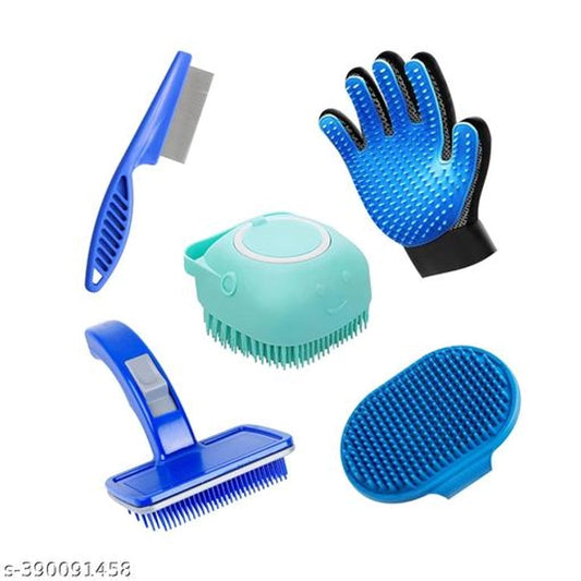 Pet Grooming Kit with Self-Cleaning Slicker Brush, Metal Comb, Blue Deshedding Tool, Glove Brush for Dogs, 5 Piece Set (Multicolor, Set of 5)